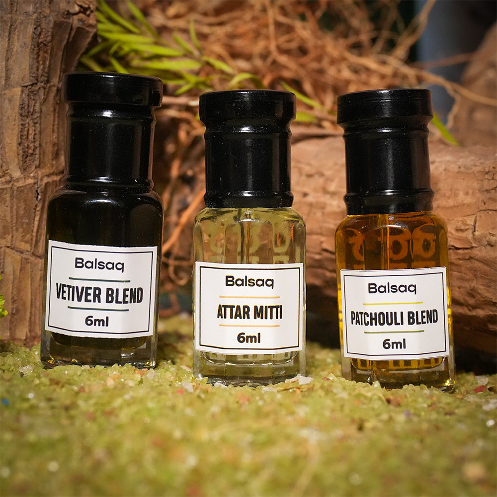 Nature Inspired Attars Combo Set - Pack of 3 | Vetiver Blend | Attar Mitti | Patchouli Blend