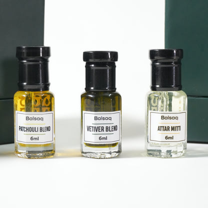 Nature Inspired Attars Combo Set - Pack of 3 | Vetiver Blend | Attar Mitti | Patchouli Blend